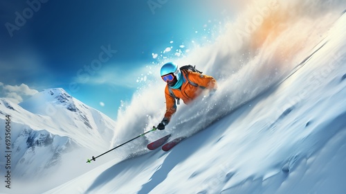 Energetic skier joyfully skiing downhill on a sunny day in the stunning high mountains