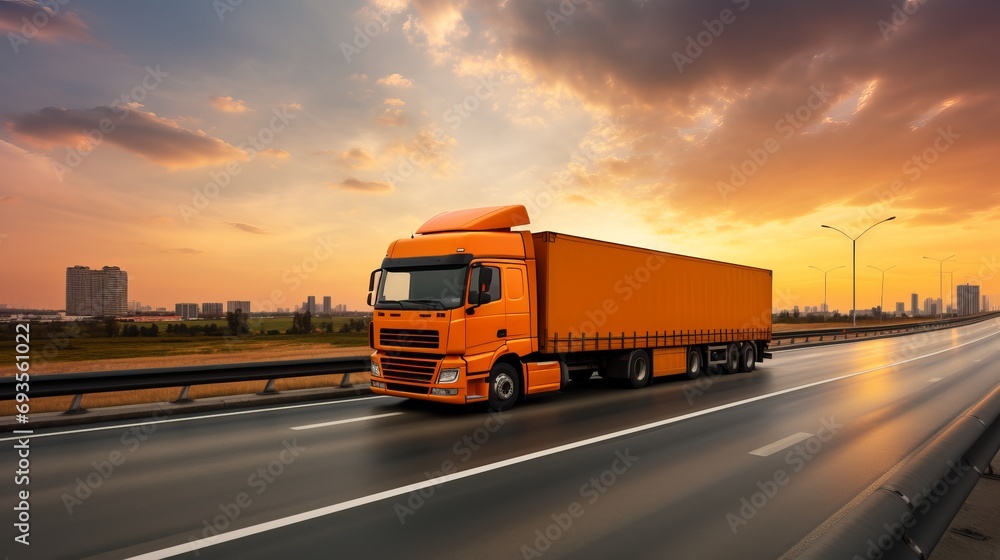 Container truck on highway with motion blur and dynamic shaving effect, cargo transportation.