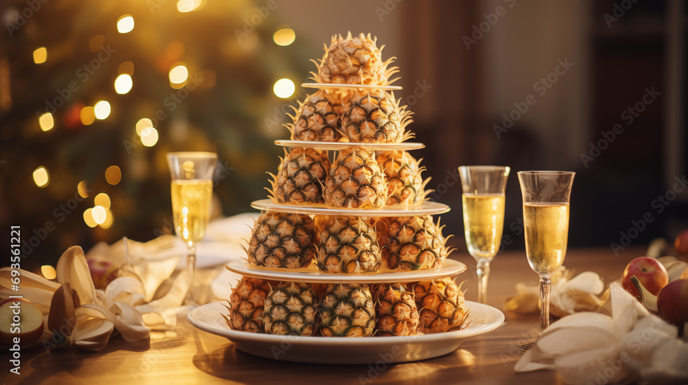 Obraz premium several golden pineapples stand on plates on the table, in the form of a pyramid