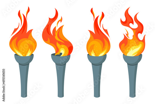 Torch set. Burning torches flames, icon collection. Symbols of relay race, competition victory, champion or winner. Vector