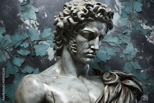 A beautiful ancient silver stone greek  roman stoic male statue  sculpture on a silver stone backdrop. Great for philosophy quotes.