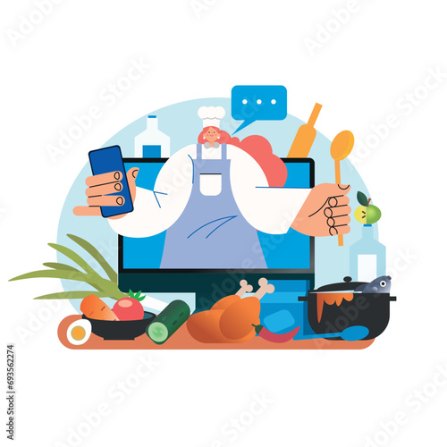 Online cooking lesson via internet. Internet culinary classes.  chef teaching from the computer screen. Food vlogger. Flat vector illustration.