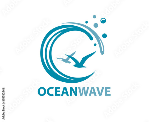 icon of sea waves with seagulls isolated on white background