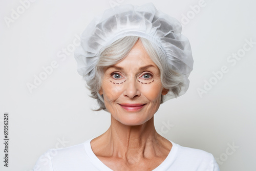 Grey hair woman 60 yers old portrait with disposable cap on white background. Plastic surgery. Beuty concept photo
