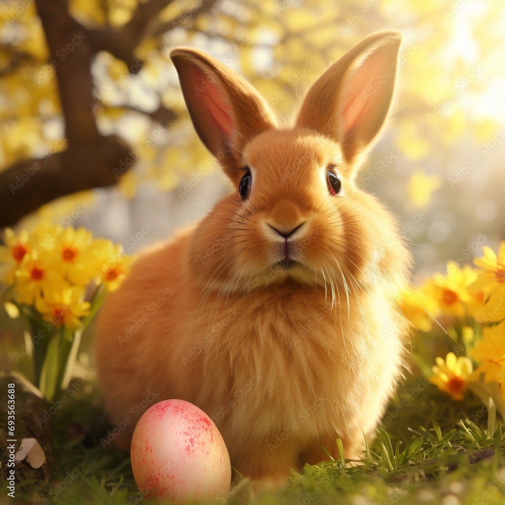 Fototapeta premium Coniglio di pasqua con uova dipinte, allegria, serenità, festa.