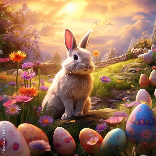 Coniglio di pasqua con uova dipinte, allegria, serenità, festa. photo