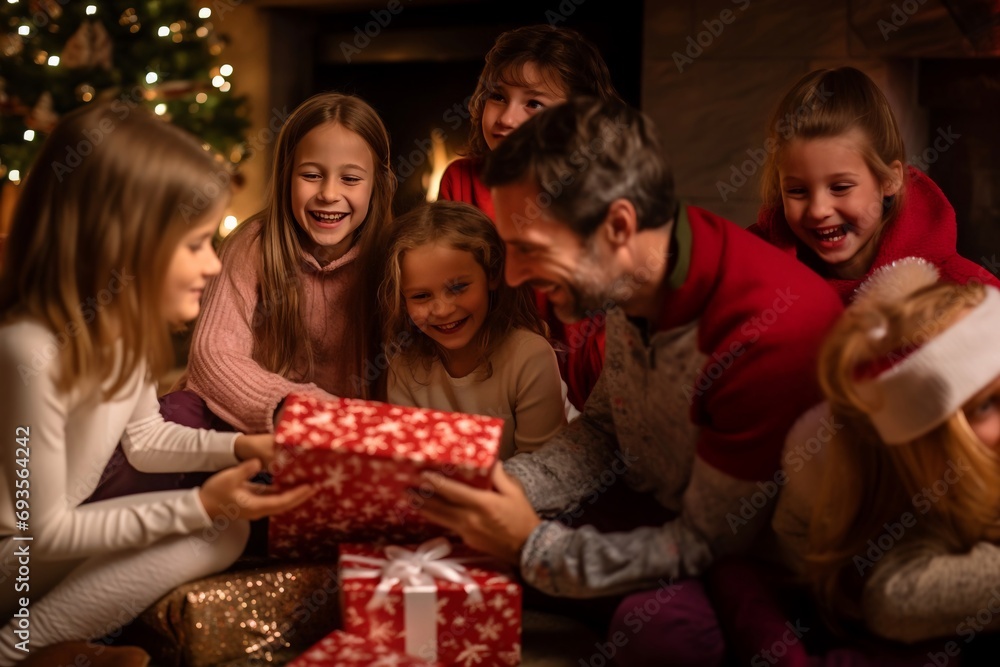 I bambini, in pigiama, aprono i regali di Natale davanti al caminetto, mentre i genitori sullo sfondo sorridono, guardandoli.