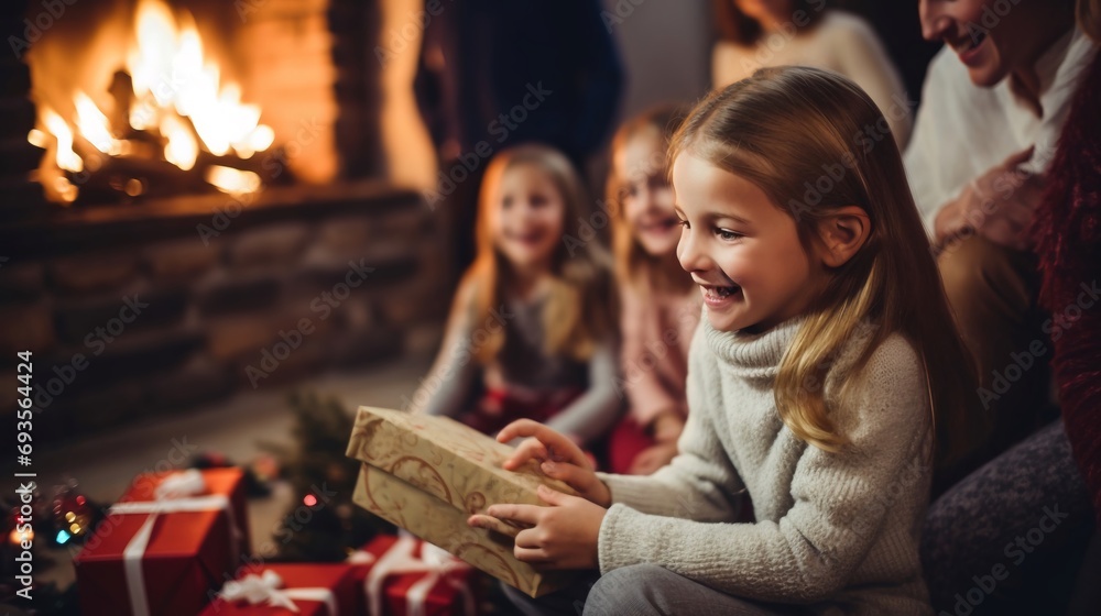 Famiglia felice scarta i regali di Natale in un atmosfera accogliente e serena, i bambini sono felici e i genitori orgogliosi.