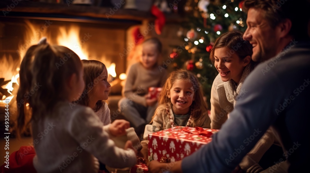 Famiglia felice scarta i regali di Natale in un atmosfera accogliente e serena, i bambini sono felici e i genitori orgogliosi.