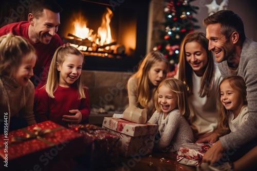 Famiglia felice scarta i regali di Natale in un atmosfera accogliente e serena  i bambini sono felici e i genitori orgogliosi.