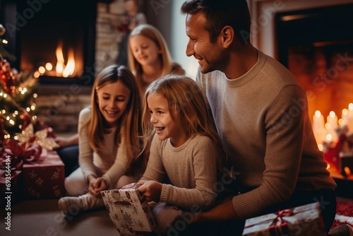 Famiglia felice scarta i regali di Natale in un atmosfera accogliente e serena, i bambini sono felici e i genitori orgogliosi. photo