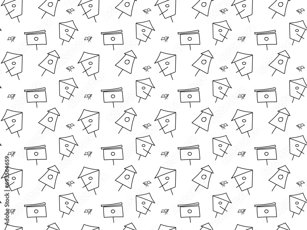 Seamless black and white doodle pattern with birdhouses