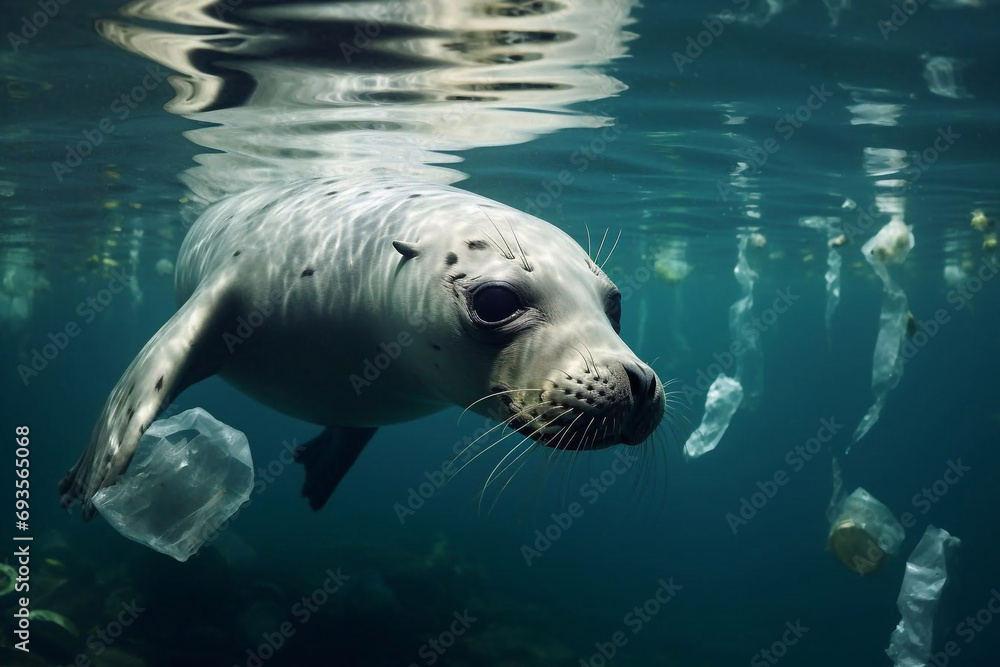 Fototapeta premium Navy seal with plastic garbage. Ocean plastic pollution. Ecological catatsrophe