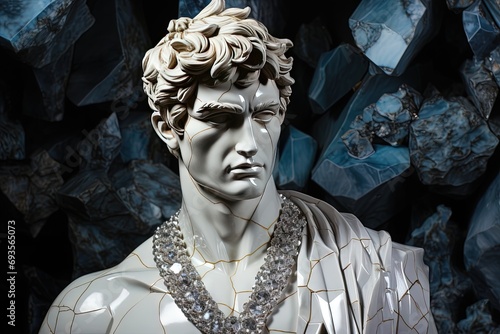 A beautiful ancient diamond stone greek  roman stoic male statue  sculpture on a diamond backdrop. Great for philosophy quotes.