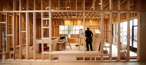 Phased installation of frame and wooden partitions in private house and apartment building photo