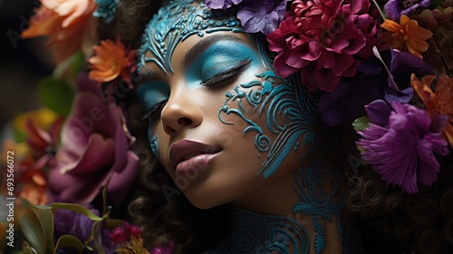 Black woman with blue makeup and flowers on head