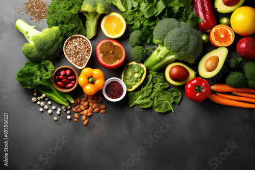 Top-shot image featuring a variety of fresh fruits  vegetables  seeds  and superfoods on a sleek gray background. The essence of a balanced and mindful diet  promoting health and well-being.