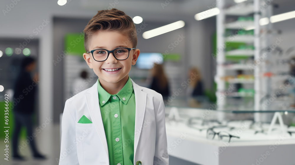 Smiling happy boy in white suit wearing glasses stands in an optical