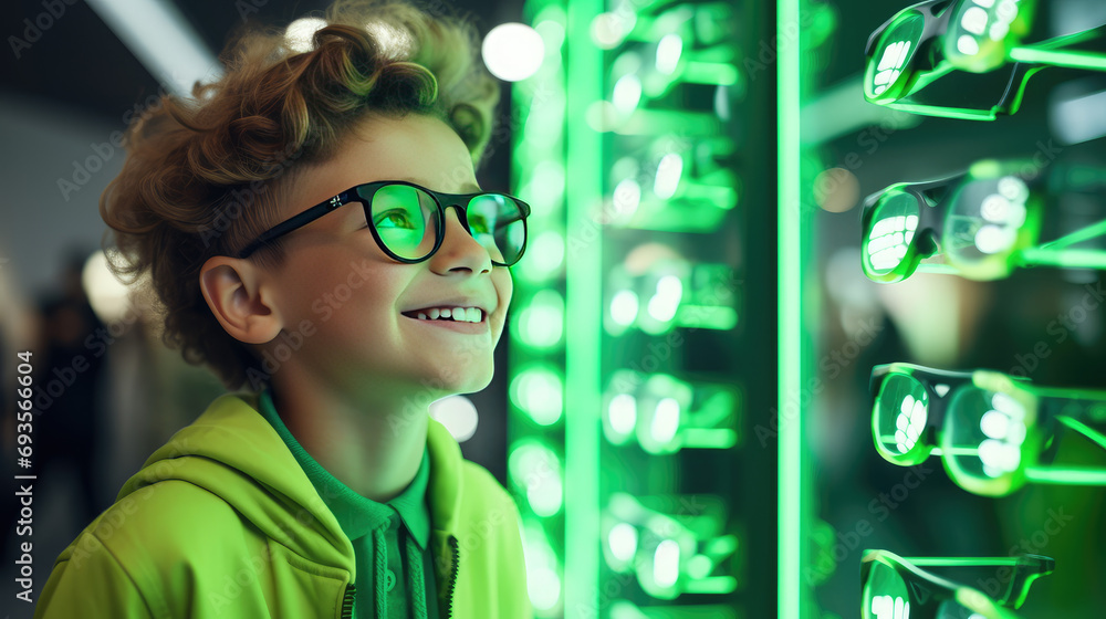 Smiling happy boy wearing glasses stands in an optical store near