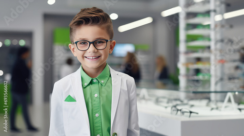 Smiling happy boy in white suit wearing glasses stands in an optical store near showcase with glasses. Vision correction, glasses store visually impaired children.