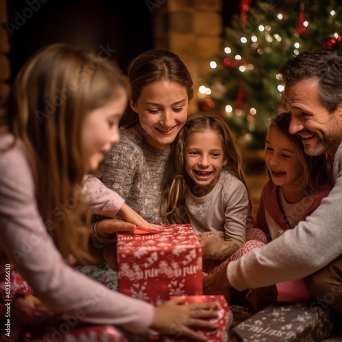 Famiglia felice scarta i regali di Natale in un atmosfera accogliente e serena, i bambini sono felici e i genitori orgogliosi.