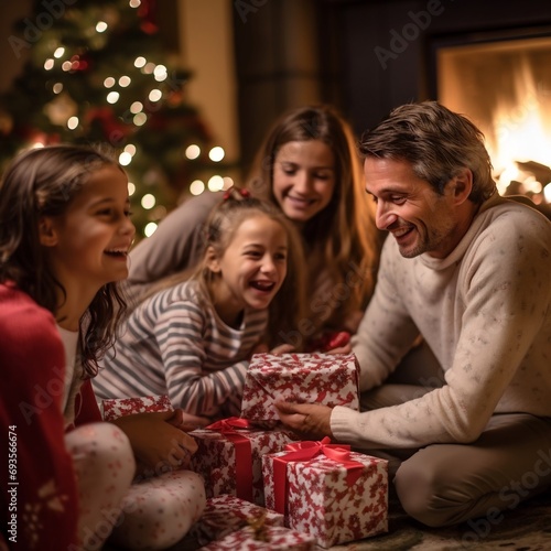 Famiglia felice scarta i regali di Natale in un atmosfera accogliente e serena, i bambini sono felici e i genitori orgogliosi.