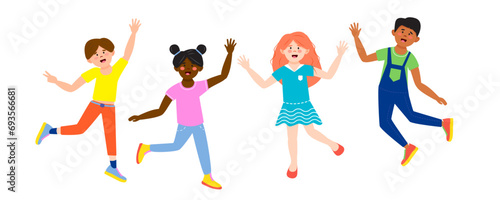 Diverse group of children of different nationalities. Different race kids jumping together and smiling.Vector illustration