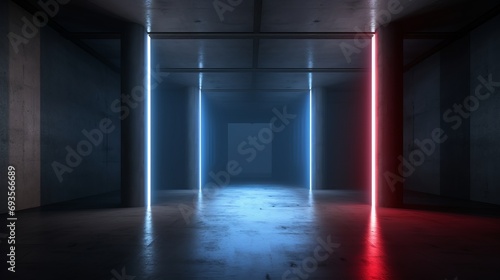 universal abstract futuristic background with built-in red and blue neon lighting for product presentation