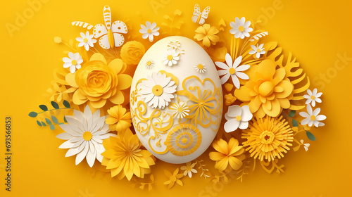3d abstract paper cut illustration of colorful chicken, grass, flowers and yellow egg shape. Happy easter greeting card template.