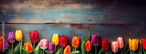 Colorful tulips on grunge background, spring flowers background. easter concept #693567010