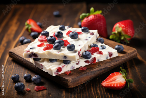 Yogurt Bark adorned with fresh strawberries and blueberries. This delicious and healthy snack, set against a rustic wooden backdrop, a tasty and nutritious treat.