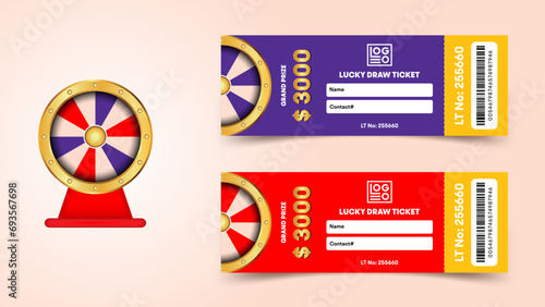 Lucky Draw Ticket with spinner and golden text in Red and purple Colors 