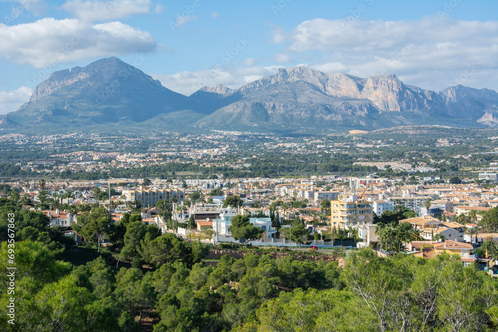 Obraz premium View of Costa Blanca area of Spain with the Mediterranean Sea and the mountains range from Serra Gelada Nature Park in Alfaz del Pi, Spain