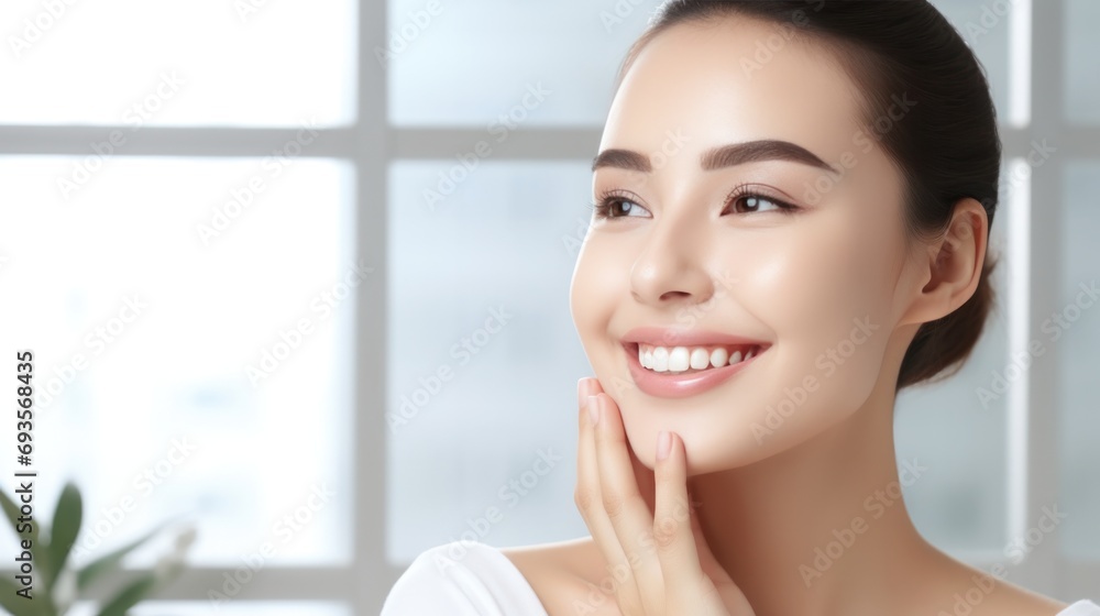 Beautiful woman smile use cream for good skin. face of a healthy woman apply cream and makeup. Advertisement for skin cream, anti-wrinkle, baby face, whitening, moisturizer, tighten pores Beautiful woman smile use cream for good skin. face of a healthy woman apply cream and makeup. Advertisement for skin cream, anti-wrinkle, baby face, whitening, moisturizer, tighten pores
