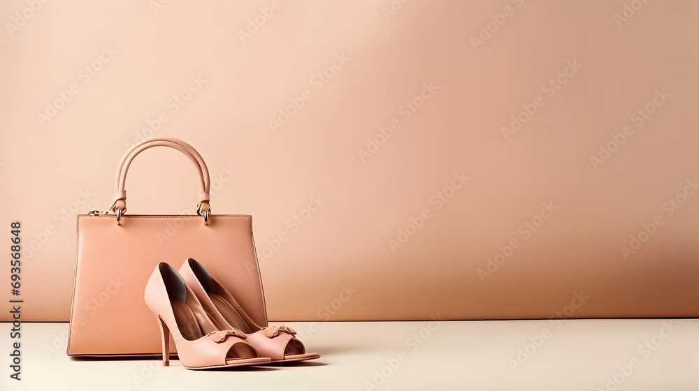Peach fuzz colour woman handbag and shoes. Copy space. - obrazy, fototapety, plakaty 