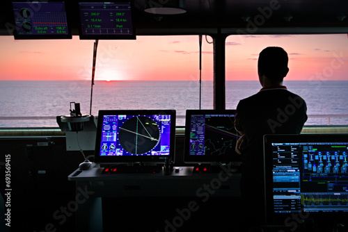 ship's bridge at sunset