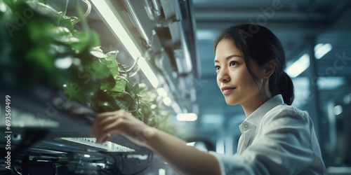 Junge Frau kontrolliert das Wachstum der Pfalnzen im Bereich Vertical Farming photo