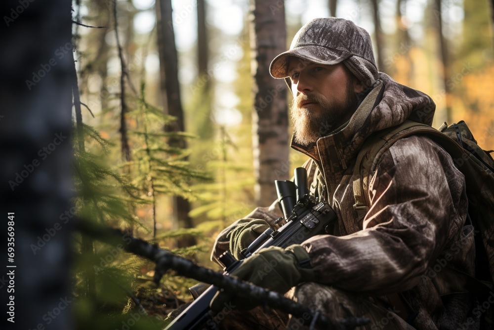 Step into the heart-pounding moment as a moose hunter takes aim and fires their rifle at a majestic bull moose standing in an open field. Positioned behind a tree for cover