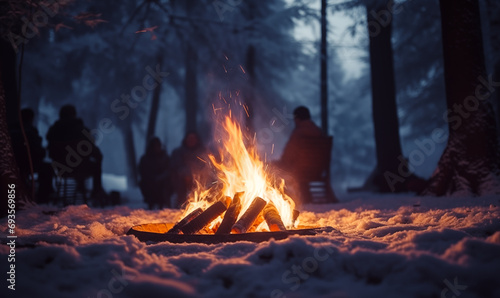 Campfire in forest with people sitting on chairs in the background