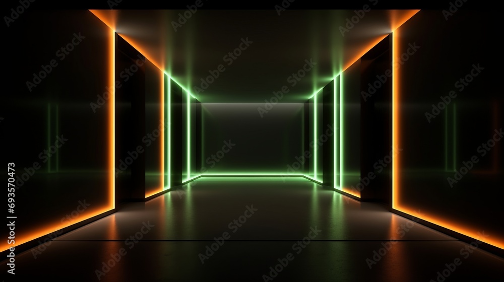 universal abstract futuristic background with built-in green and orange neon lighting for product presentation