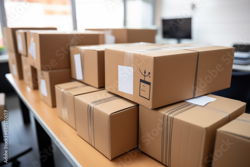 Packaging boxes stacked on storage warehouse. The work of the marketplace. Distribution center © Olivia