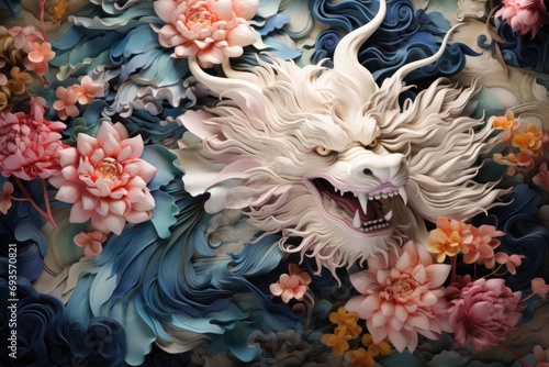 silk embroidery, blue dragon photo