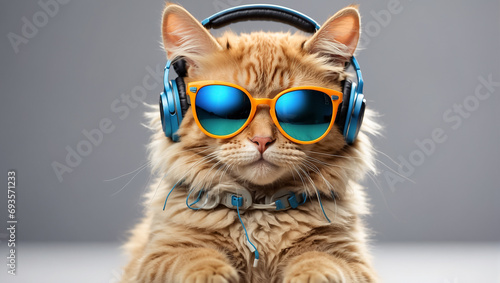 beautiful funny fluffy cat in sunglasses and headphones