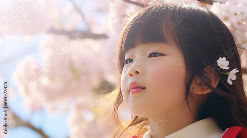 Cute Japanese girl at sakura blooming garden
