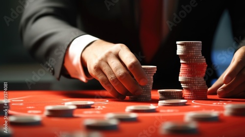Businessman hands pushing gambling chips photo