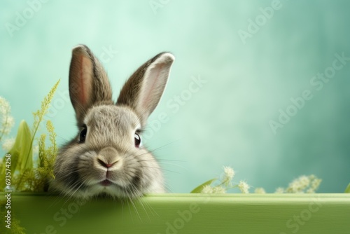 Portrait of a cute Easter bunny on a green background with selective focus and copy space