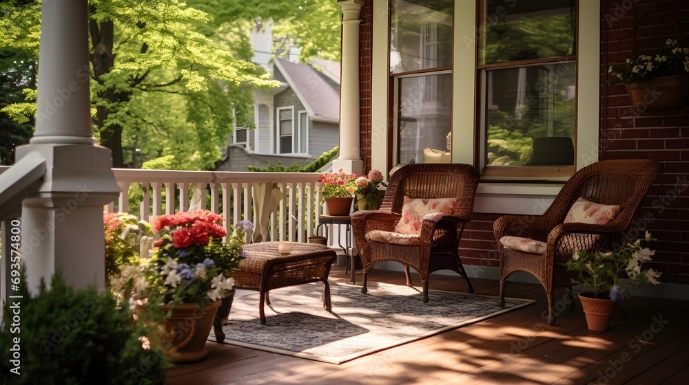 A charming front porch with cozy seating