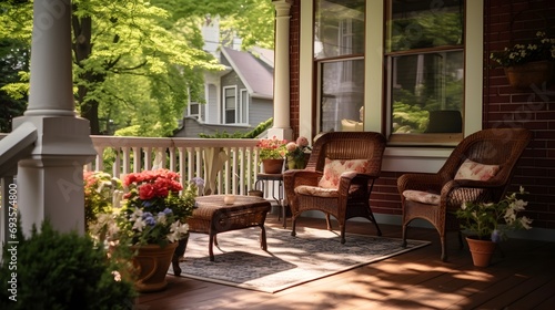 A charming front porch with cozy seating