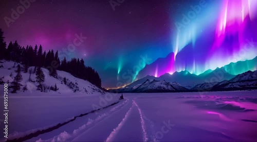 Colorful Aurora Borealis Landscape by Night and Mountain covered with snow photo