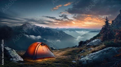 Camping tent high in the mountains 